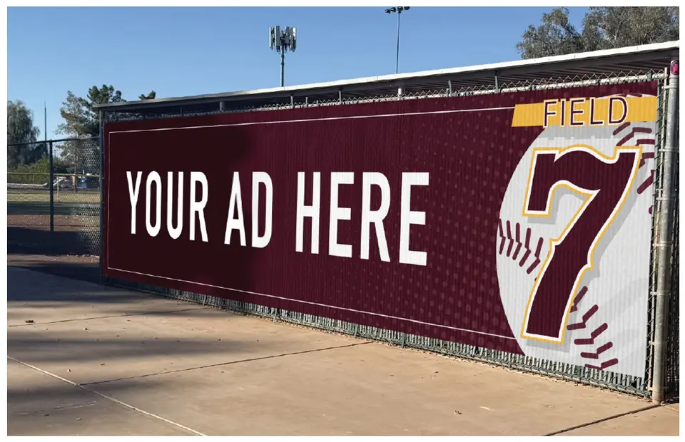 Sponsor banner on the Field 7 outfield fence